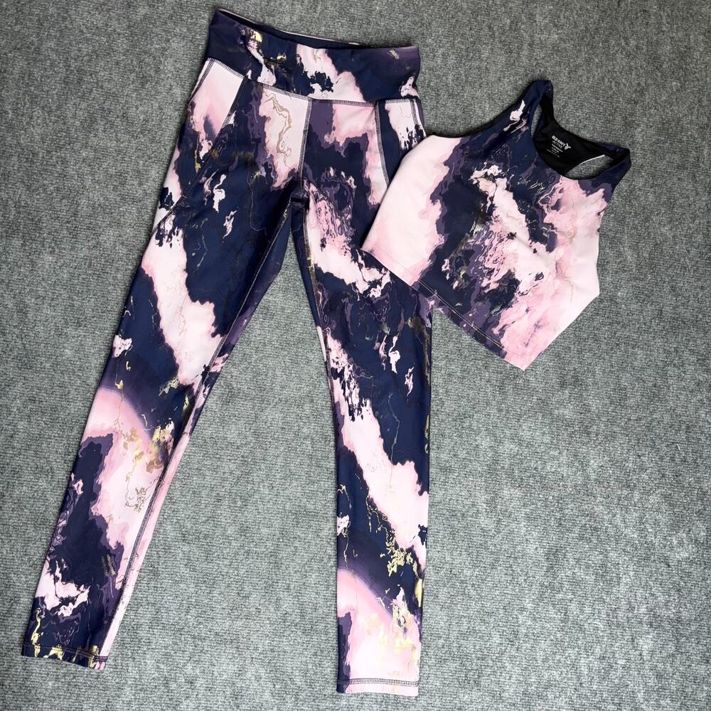 Old Navy Active Powersoft Girls L 10-12 Purple Swirl Leggings Sports Bra Set